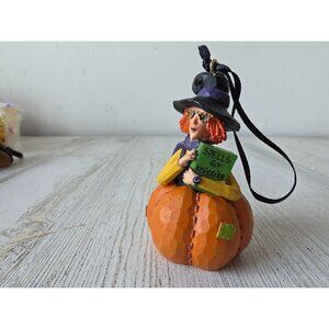 Knitter witch Halloween ornament spells cute pumpkin tree